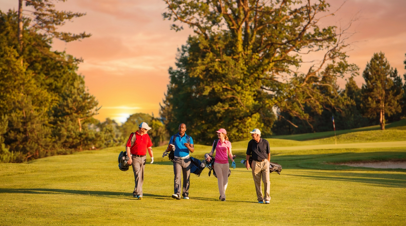 Friends walking the fairway at sunset